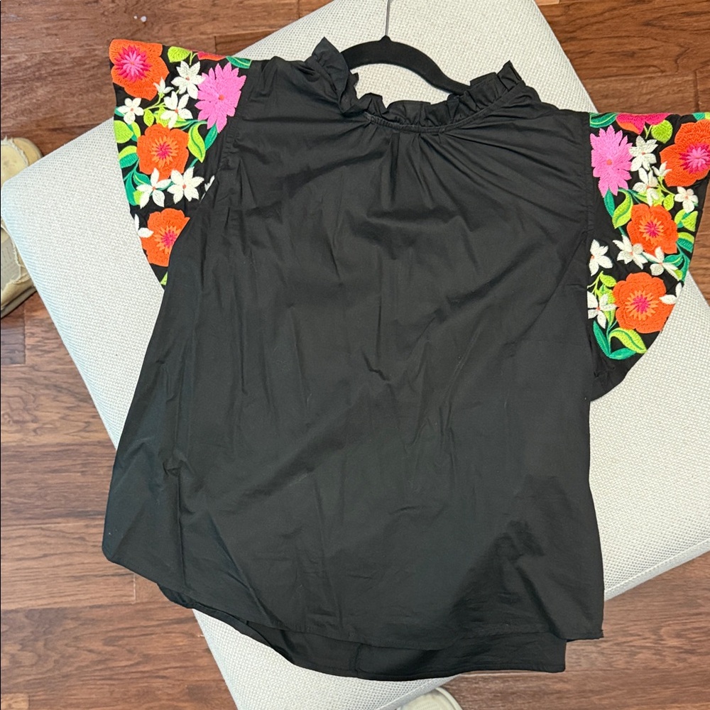 Floral Sleeve Black Top